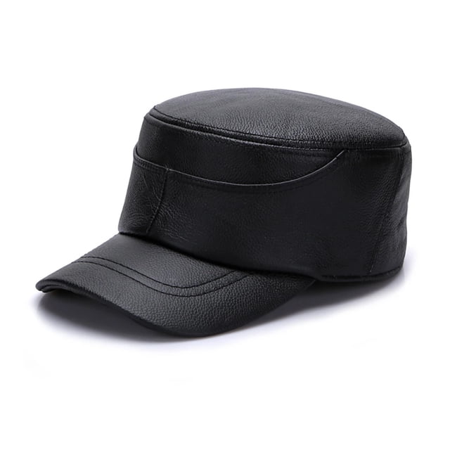 Men's Real Cowhide Leather Flat Cap with Earflaps, Genuine Winter Hat