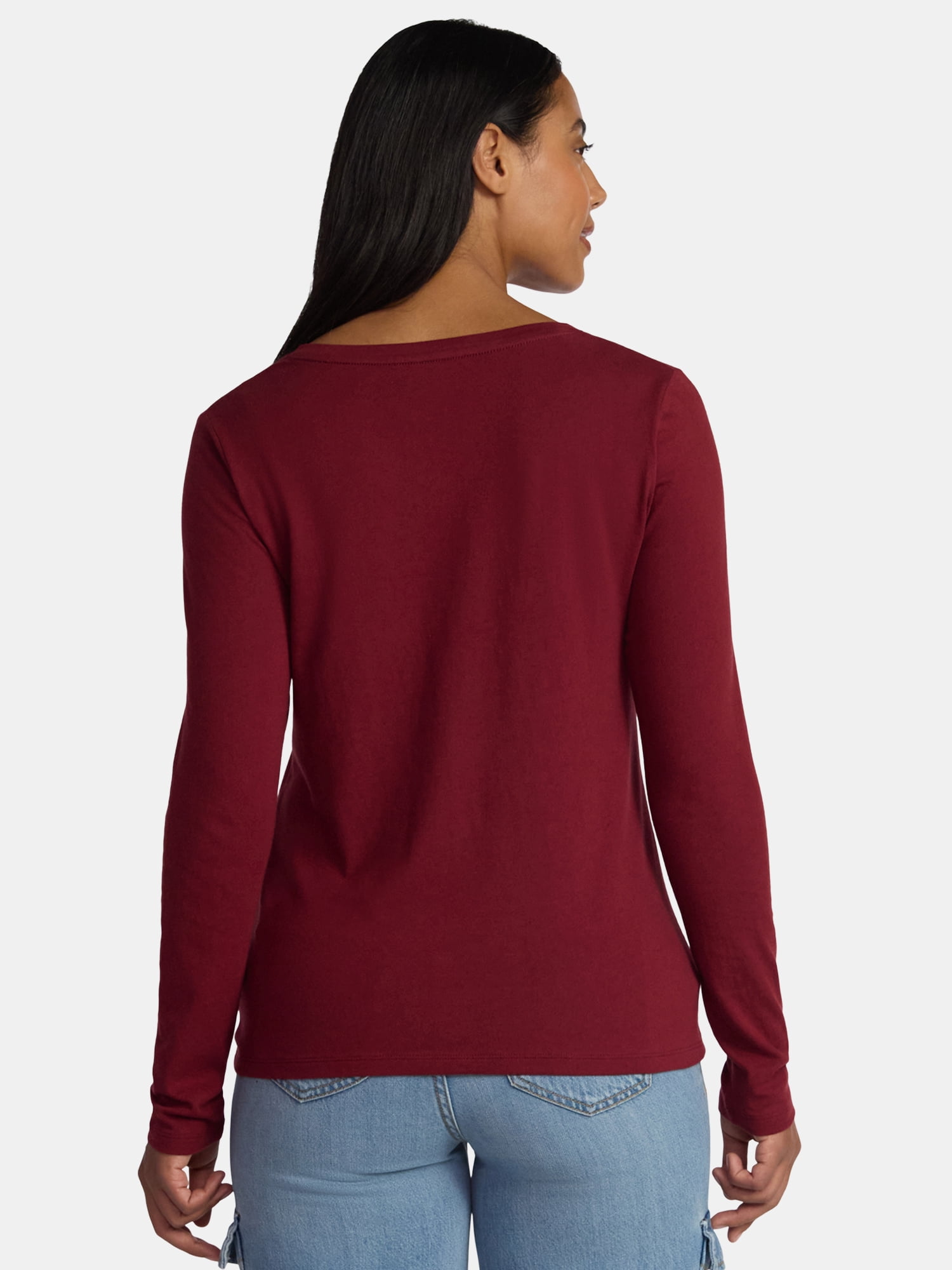 Time and Tru Women's Cotton V-Neck Tee with Long Sleeves, Sizes XS-XXXL