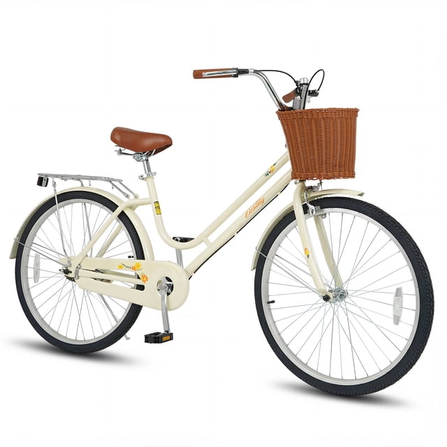 Gymax 26-Inch Beach Cruiser Bike w/Adjustable Seat Woven Basket & Rear Rack Beige