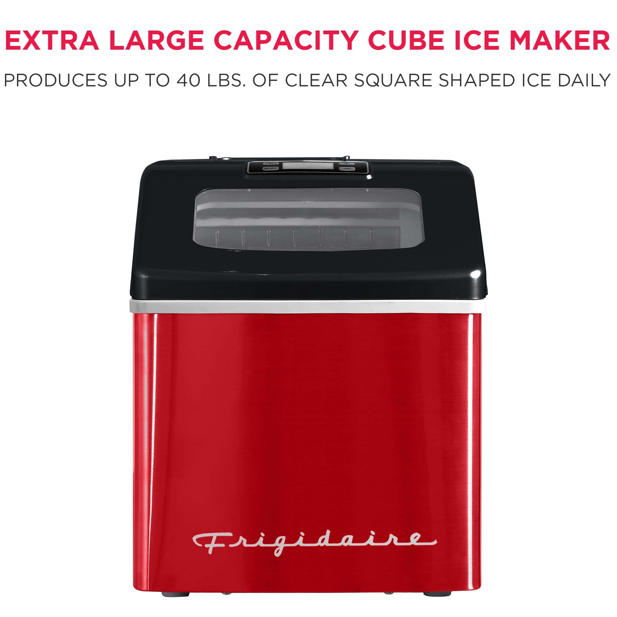 Frigidaire Clear Ice Maker 40 Lbs, Red Stainless Steel Countertop Ice Machine with Square Ice for Home, Kitchen, Office, Bar