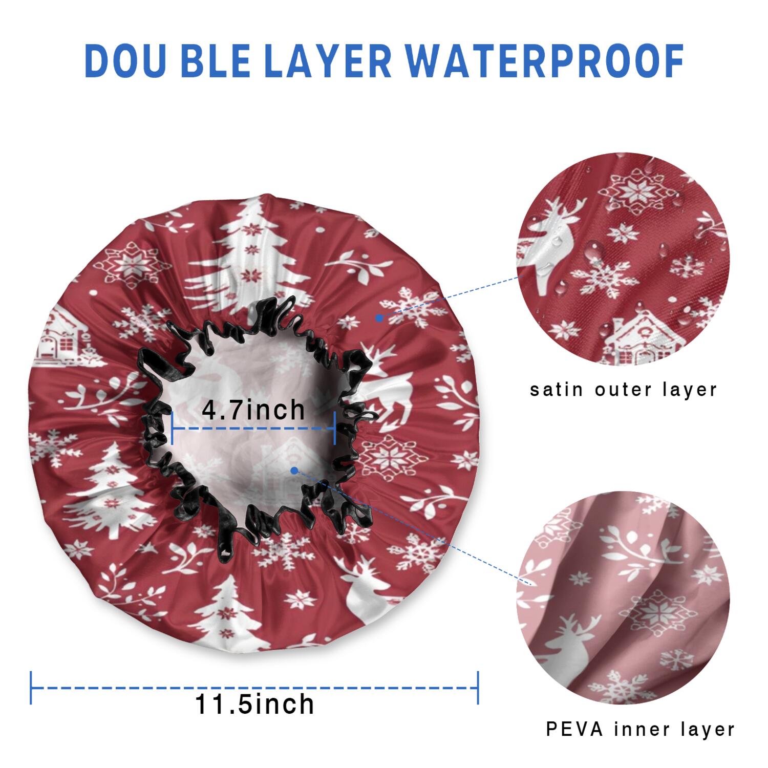 Shower Caps,Red Christmas Tree and Deer Pattern Waterproof Shower Cap for Women 4 Pieces,Double Reusable Hair Cover for Shower PEVA Elastic Stretch Hem