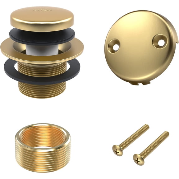 Lorvess Brushed Gold Tip-Toe Bathtub Drain Kit, All Brass Universal Tub Drain Stopper Trim Set with Two-Hole Overflow Faceplate