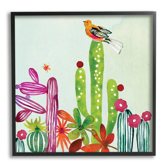 Stupell Industries Desert Bird on Cactus Botanical & Floral Painting Black Framed Art Print Wall Art, 12 x 12