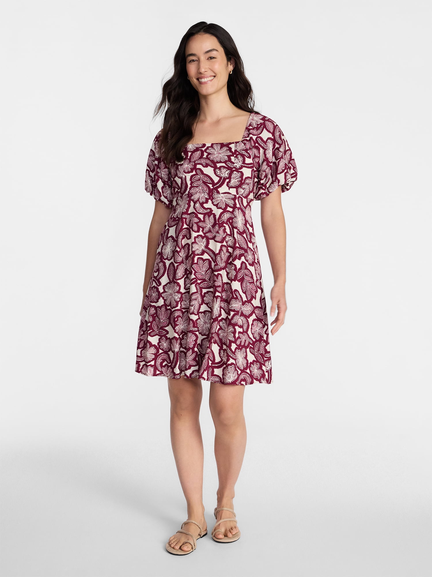 Time and Tru Women's Mini Dress with Puff Sleeves, Sizes XS-XXXL