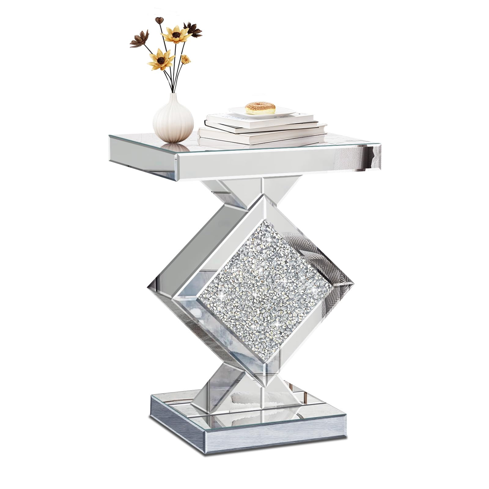 Crushed Diamond Mirrored End Table, Silver Side Accent Table, Small Mirrored Coffee Table for Living Room, Bedroom, 16"x16"x24"