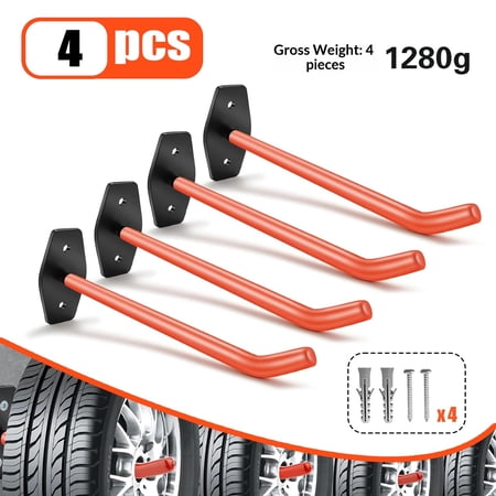 4 PCS Garage Hooks Heavy Duty Wall Mount Tire Storage System with Anti-Slip Coating Hang Heavy Tools for up for Bikes Ladders Chairs and Bulky Tools