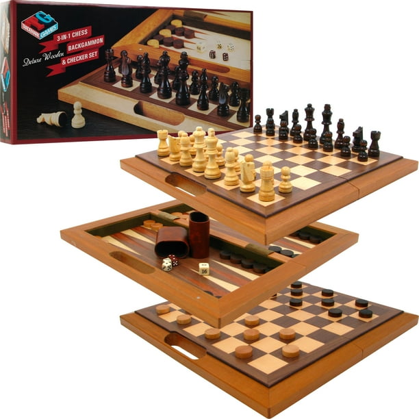 Trademark Global Deluxe Wooden 3in1 Chess, Backgammon & Checker Set