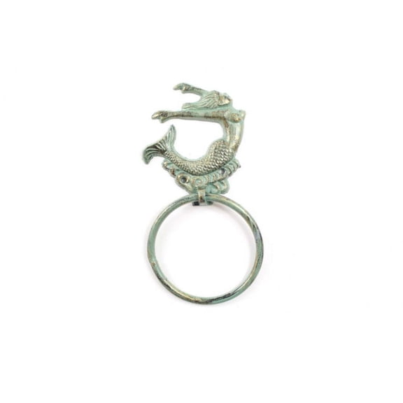 Handcrafted Model Ships Cast Iron Arching Mermaid Towel Holder - Antique Seaworn Bronze - 9 in.