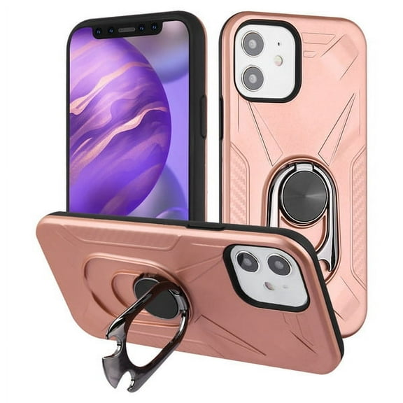 Apple iPhone 12 Pro, iPhone 12 /6.1" Phone Case Hybrid 2 Layers Armor Rugged Shockproof for Car Magnetic Mount, Beers Bottle Opener Ring Holder Stand Cover [ROSE GOLD] for Apple iPhone 12 /12 Pro