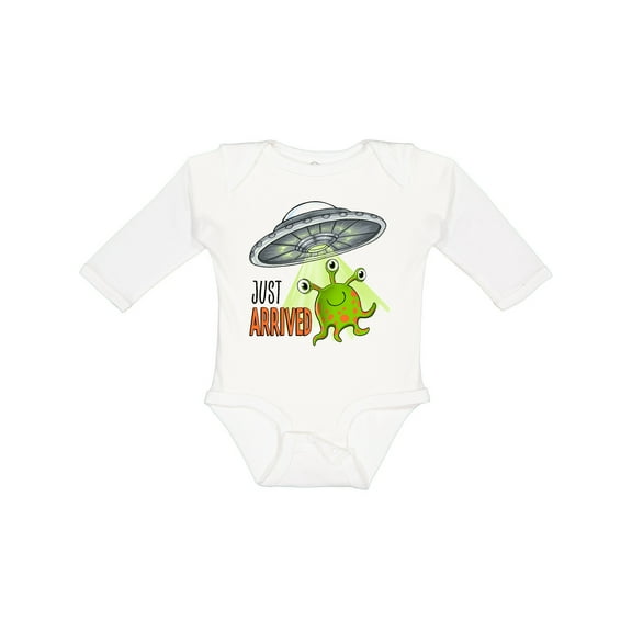 Inktastic Just Arrived- Cute Green Alien UFO Newborn Baby Boys or Girls Long Sleeve Baby Bodysuit