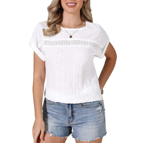 INSPIRE CHIC Eyelet Tops for Women's Short Sleeve Hollow Out Summer Dressy Casual Top S White