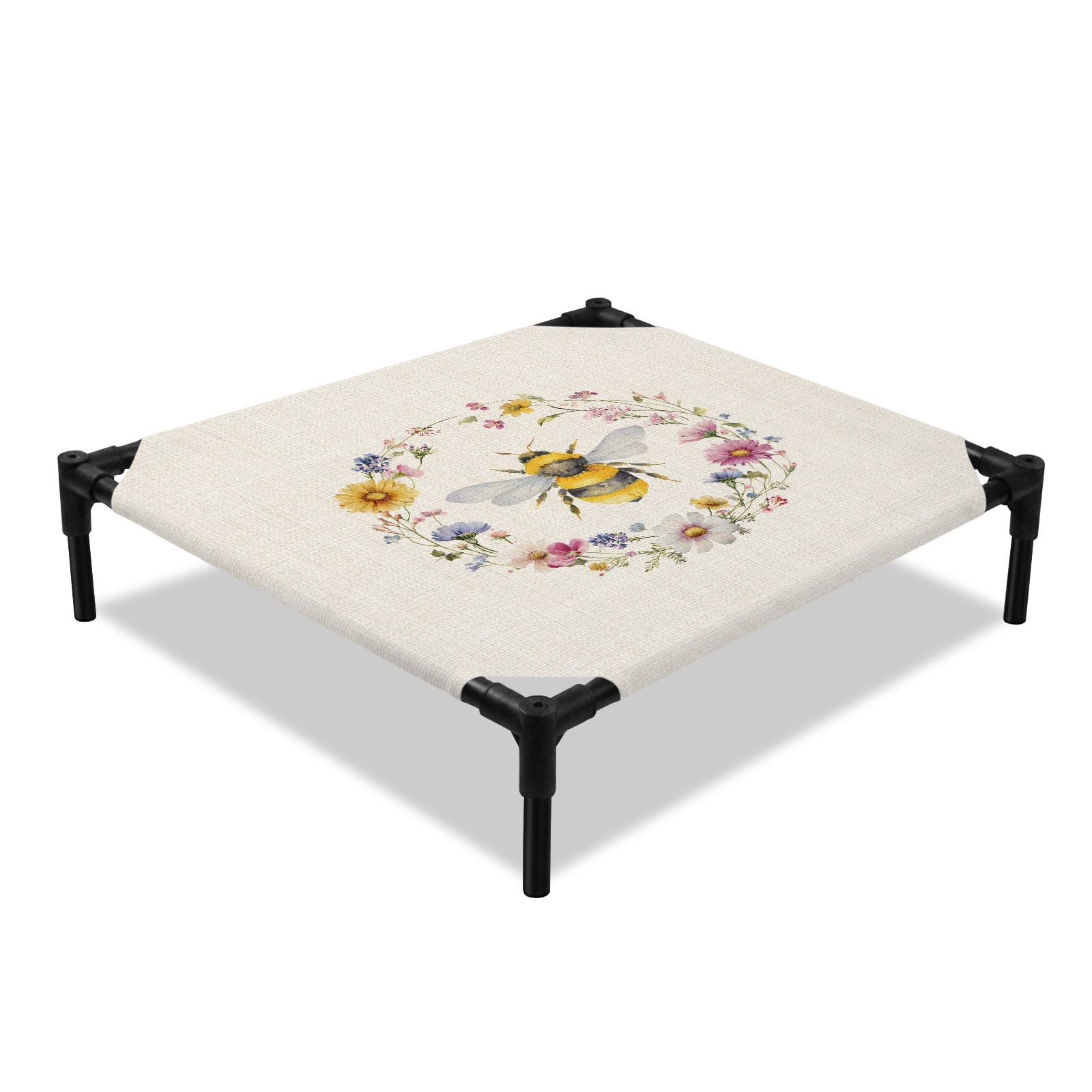 Bee Elevated Dog Bed Retro Insects Yellow Floral Wreath Pastoral Linen Texture Country Cooling Breathable Outdoor Raised Dog Cot Bed with Metal Frame Non-Slip Feet for Small Dog 20x20in