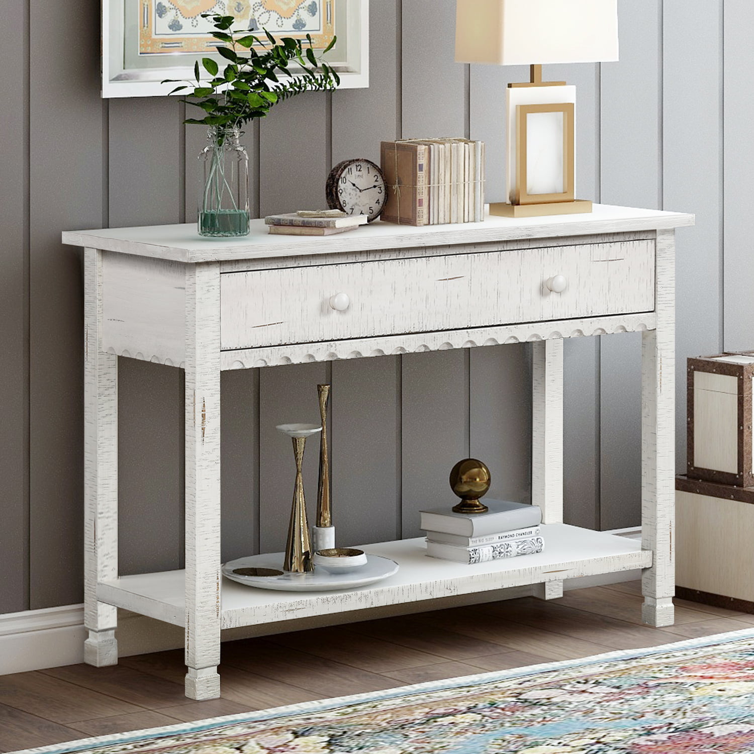 Console Sofa Table with Drawers, BTMWAY Wooden Rustic Narrow Entrance