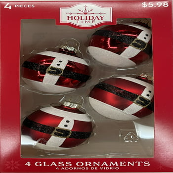 Holiday Time 4 Count Santa Glass Ball Christmas Ornaments, 65mm, Boxed Glass, Red