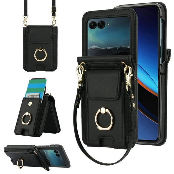 for Motorola Razr 2024 Case, Retro PU Leather Shockproof Protection Phone Case Wallet Built in Credit Card Slots Flip Cover Finger Ring Stand with Long Strap Short Strap, Black