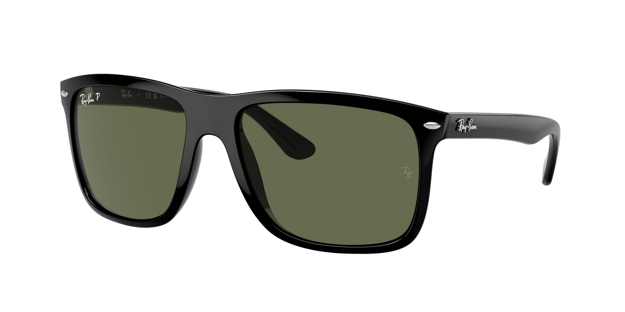 Ray-Ban Boyfriend Two Sunglasses with Polished Black Frames and Green Polarized Lenses, Size 60