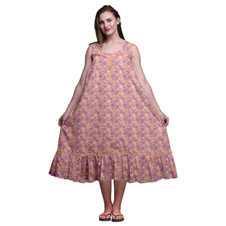 

Bimba Dark Peach Orange Floral Artistic Printed Cotton Nightgowns For Women Sleeveless Gown Sleepwear Maxi Dress X-Small