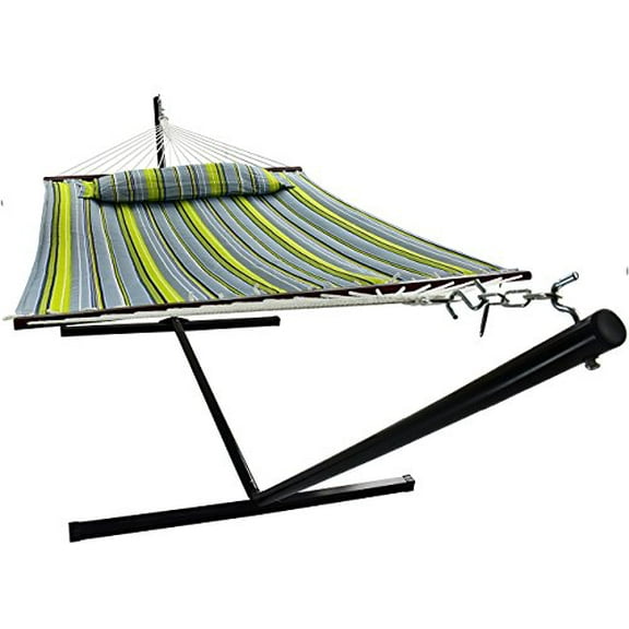 SorbusÂ® Hammock with Stand & Spreader Bars and Detachable Pillow, Heavy Duty, 450 Pound Capacity, Accommodates 2 People, Perfect for Indoor/Outdoor Patio, Deck, Yard (Hammock with Stand, Green/Blue)