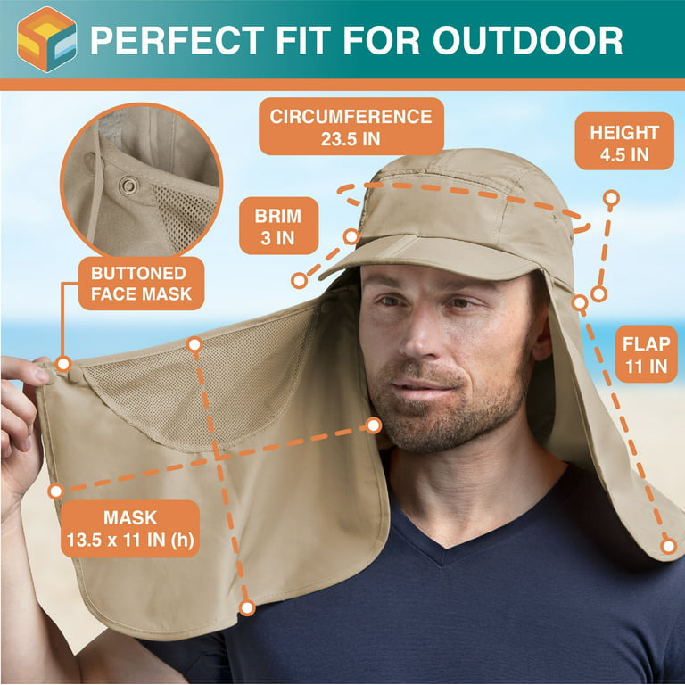 Sun Cube Fishing Sun Hat with Neck Flap for Men UV Protection Cover Outdoor Bucket Cap with Face Covering for Hiking Running (Tan)