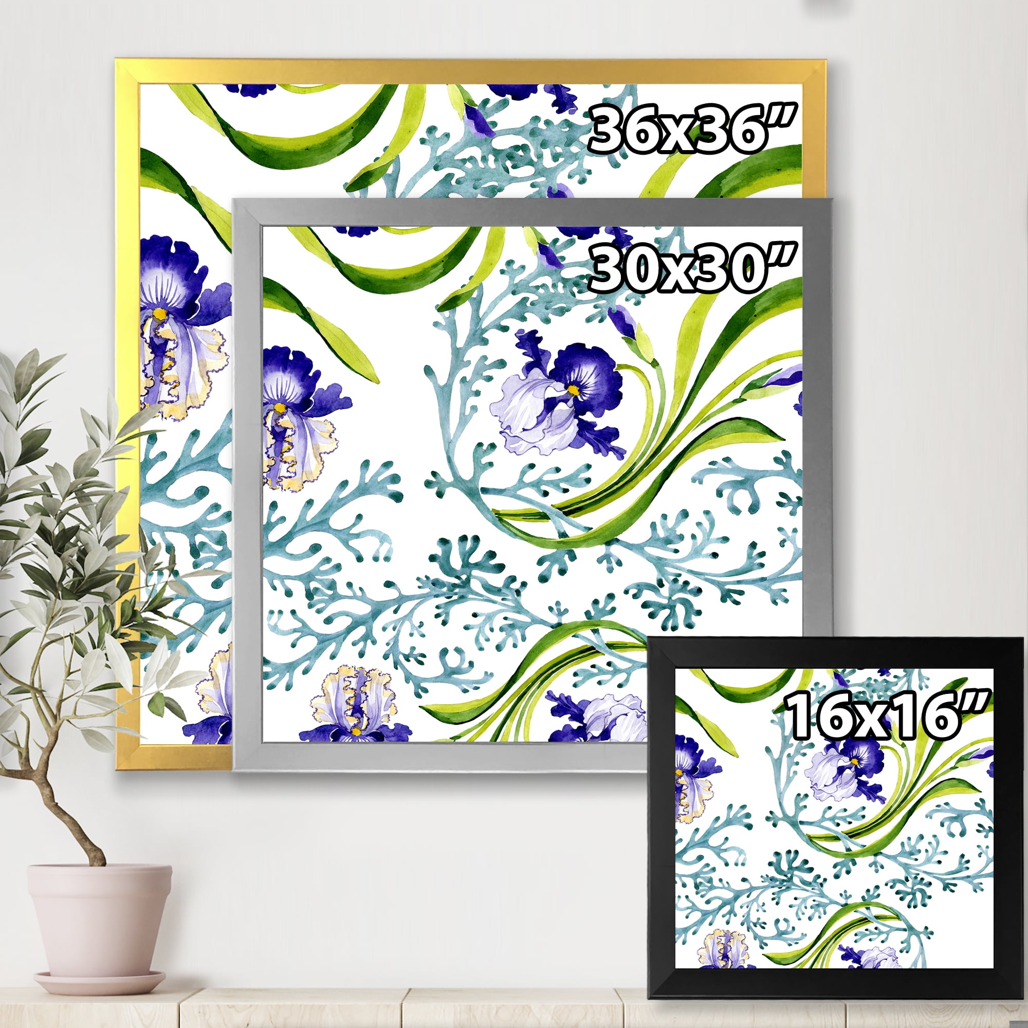 Abstract Blue Iris With Wild Spring Leaves 36 in x 36 in Framed Painting Canvas Art Print, by Designart