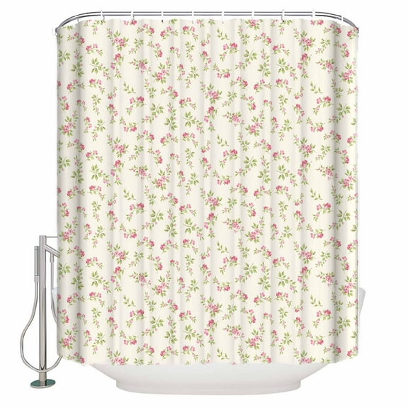 Fabric Shower Curtain Vintage Rustic Floral Light Pink Roses Leaves Beige Shower Curtains with 12 Hooks Waterproof Machine Washable Bath Curtains for Bathroom, 60 x 72in