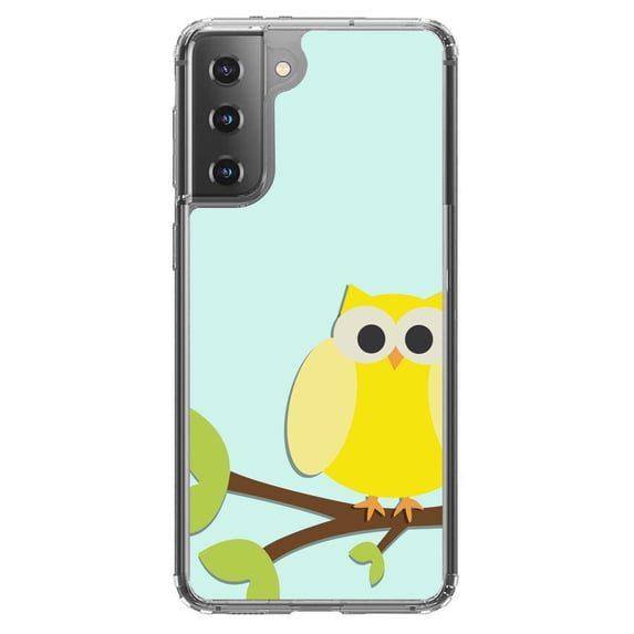 DistinctInk Clear Shockproof Hybrid Case for Galaxy S21+ PLUS 5G (6.7" Screen) - TPU Bumper, Acrylic Back, Tempered Glass Screen Protector - Yellow Owl Cartoon - Cartoon Owls