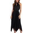 thumbnail image 3 of Women's Elastic Waist Pleated Skirts High Waisted Flowy Asymmetrical Low Midi Skirt for Summer Black S, 3 of 8