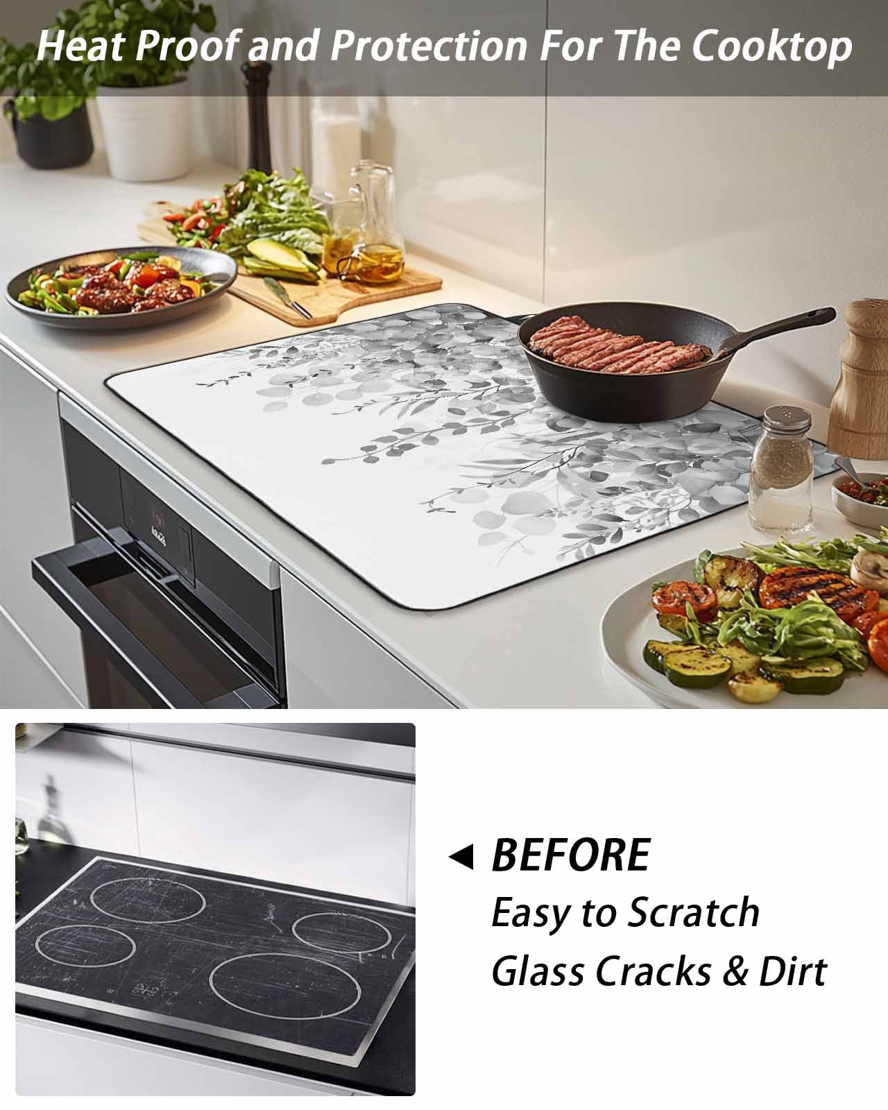 Stove Top Covers for Electric Stove, Grey Botanical Glass Stovetop Cover Protector, Weeping Eucalyptus Leaves Watercolor Induction Cooktop Protector Oven Mat for Kitchen Countertop 36"x21"