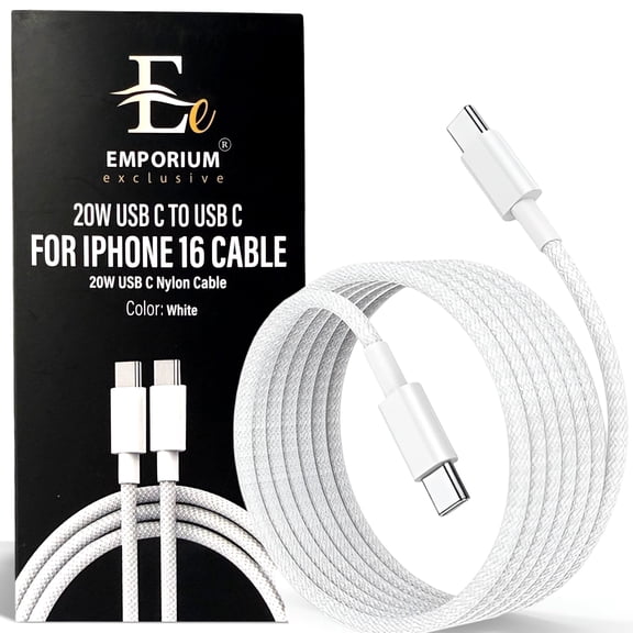Emporium Exclusive | Fast Charging Nylon Braided C to USB C Cable | Compatible iPhone 15/16 Mfi | White USB Charger Cable 3 ft