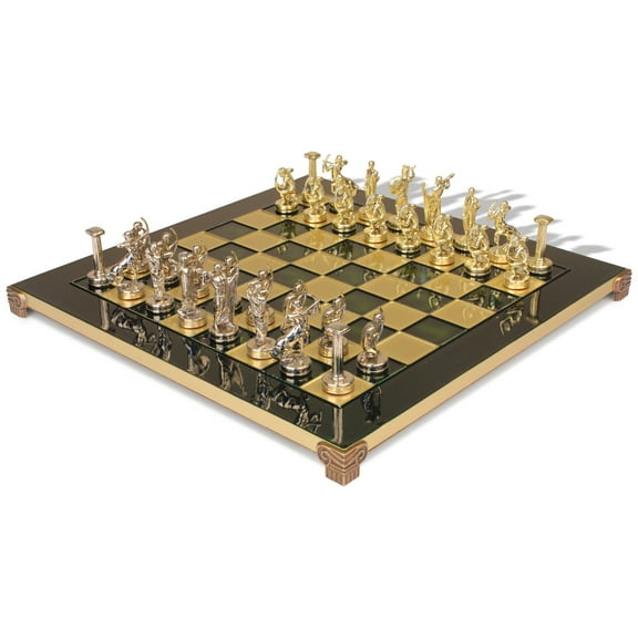 The Labors of Hercules Theme Chess Set with Brass & Nickel Pieces - Green Board