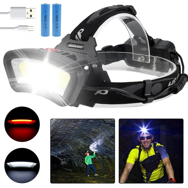 Muyoka Linterna frontal LED Linterna frontal COB recargable con batería 18650 4 modos de iluminación Linterna frontal de rotación de 90 ° IPX4 Reflector LED impermeable con luz roja Muyoka Hogar