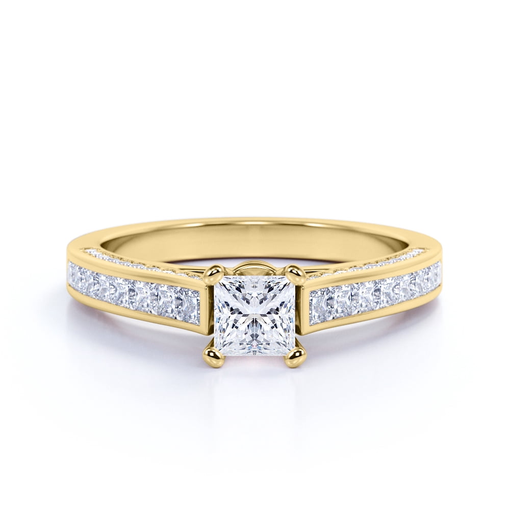 JeenMata Vintage 1 Carat Princess Cut Moissanite - Channel Set Band - Edwardian Engagement Ring in 18K Yellow Gold over Silver