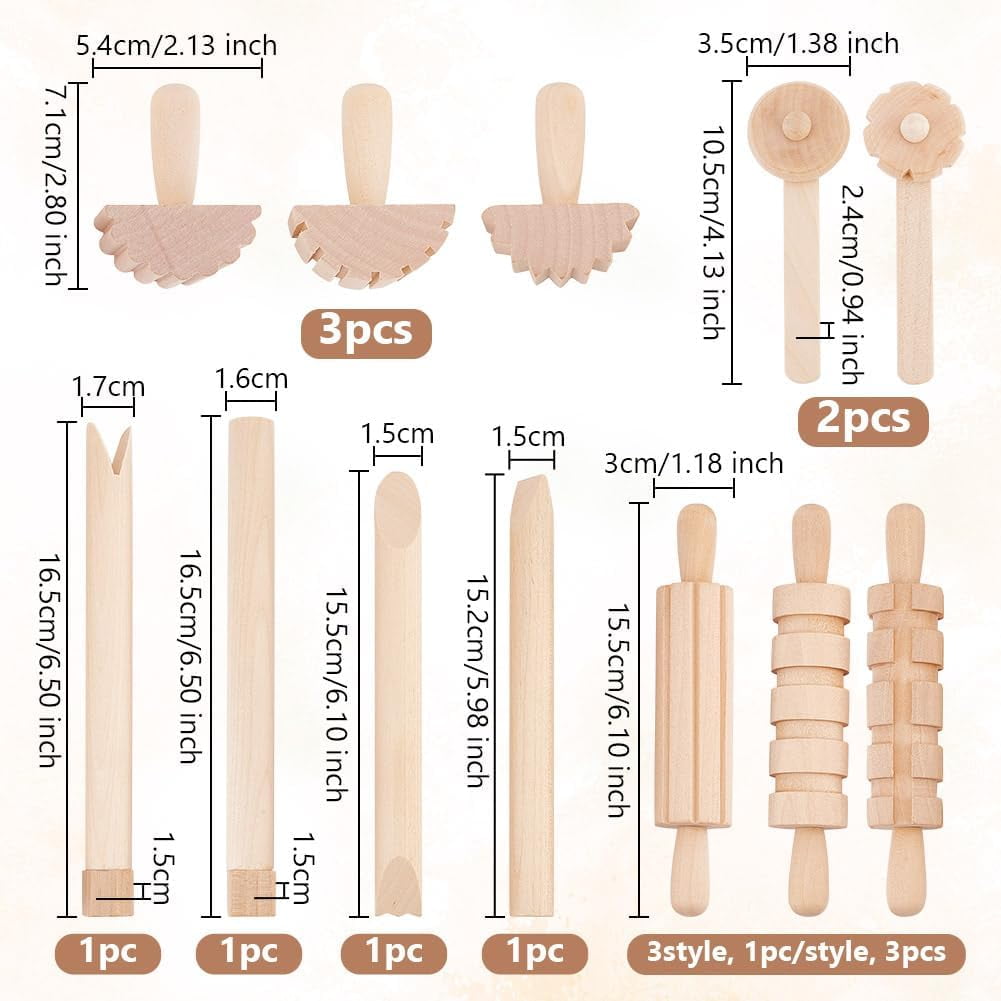 12pcs Clay and Dough Tools Play Accessories Includes Rollers Hammer Party Pack Wood Pottery Tools Stamps for Clay Art DIY Crafts Art Craft Activity Supplies BurlyWood