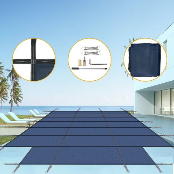 Noaman Premium Pool Safety Cover, 16x32ft Rectangular Inground Winter Pool Protector with 4x8ft Step, Robust Blue Mesh