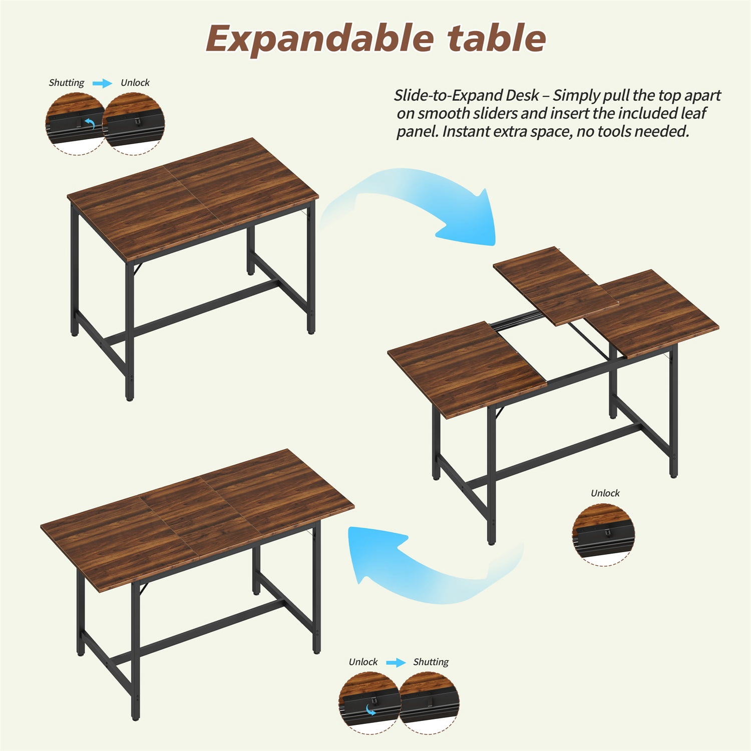 Hommoo 63" Expandable Dining Table Set for 4-8 People, Modern Extendable Kitchen Table with 2 Benches & 2 Stools, Wood Top & Metal Frame, Easy Assembly, Walnut