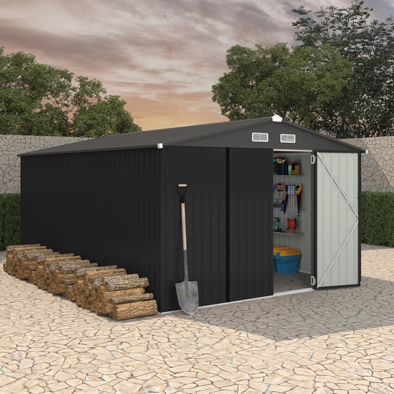 Deep Gray 10x14 FT Lockable Ventilated Outdoor Metal Storage Shed