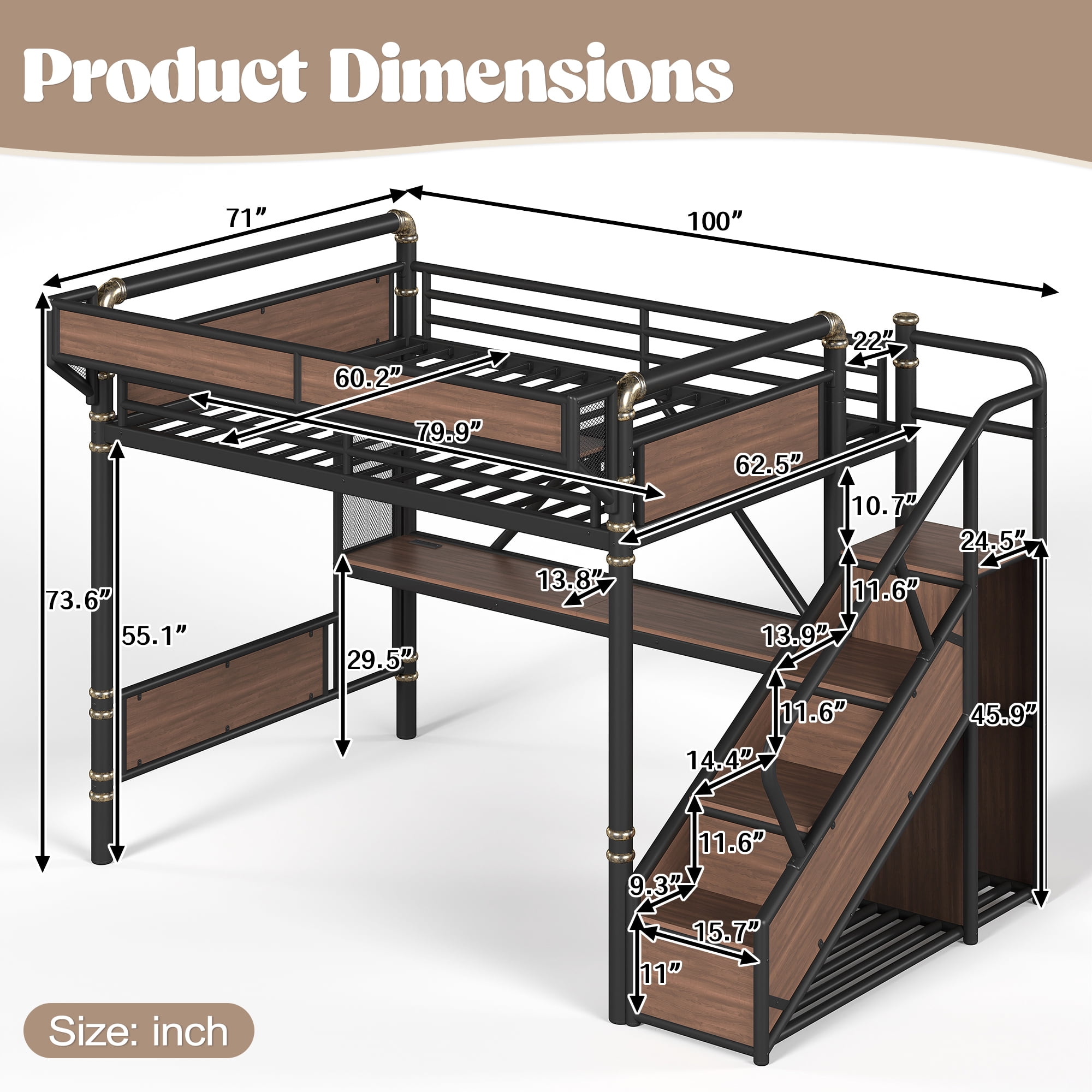 Leumius Queen Size Metal Loft Bed with Built-in Desk & Power Outlet, LED Strip, Industrial Metal Loft Bed Frame with Pegboard & Mesh Storage Baskets, Storage Stairs with Wardrobe, Black