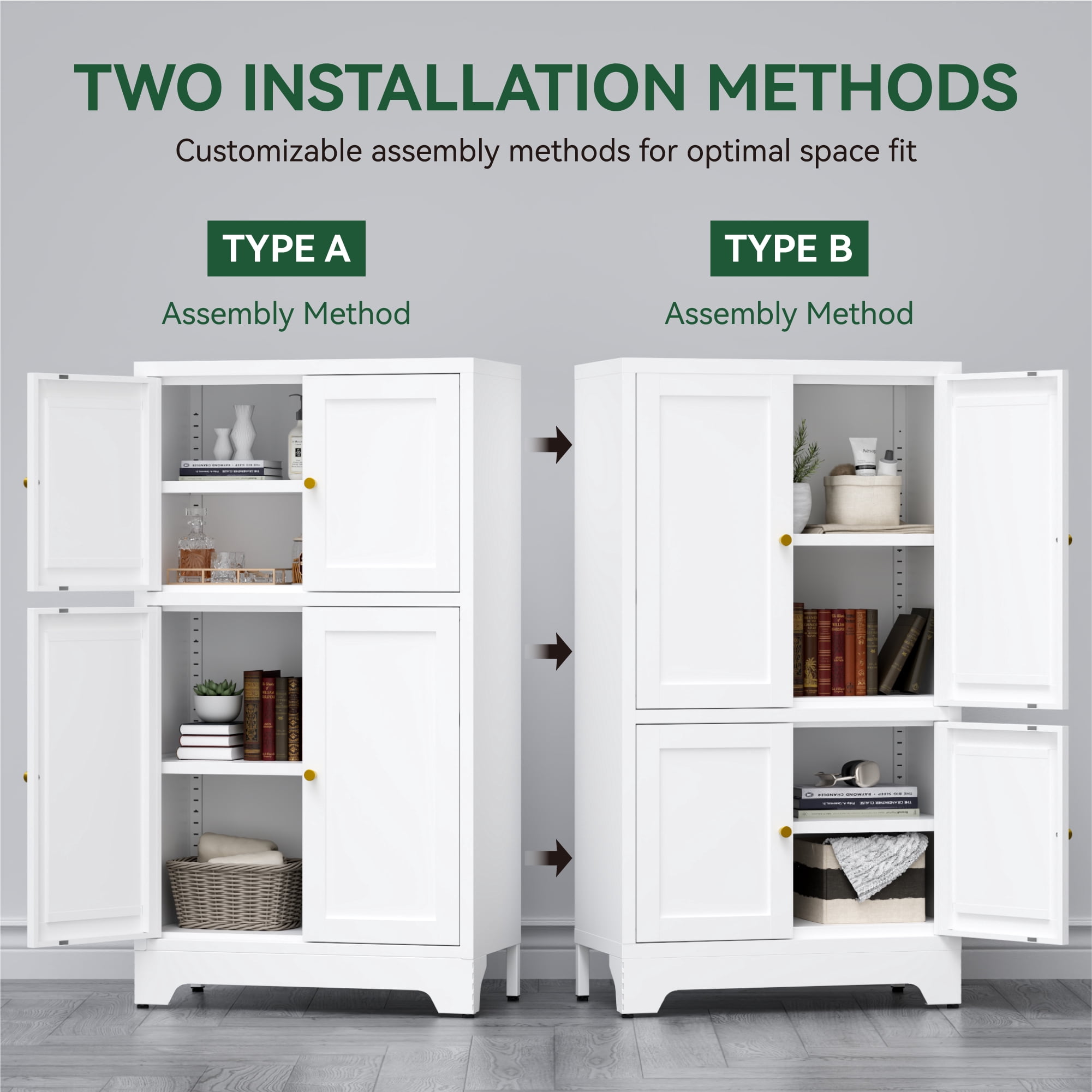 Elegant Bathroom Floor Cabinet,Metal Storage Cabinet,Sideboard with 4 Doors,Modern Metal Storage Locker for Bathroom,Living Room,Entryway,White