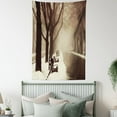 thumbnail image 4 of Winter Tapestry Wall Hanging Old Winter Alley by the Trees in European Town Foggy Day Photo Vintage Faded Effects, Bedroom Living Room Dorm Decor, 40W X 60L Inches, Brown Beige, by Ambesonne, 4 of 5