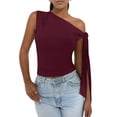 thumbnail image 3 of Women'S Ruched One Off the Shoulder Tank Tops Asymmetrical Neck Tie Shoulder Going Out Top Wine Red M, 3 of 9