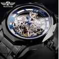thumbnail image 3 of Reloj automático para hombre, reloj de cuerda automática con esqueleto dorado de lujo, manecillas de acero azul negro, 3 of 4