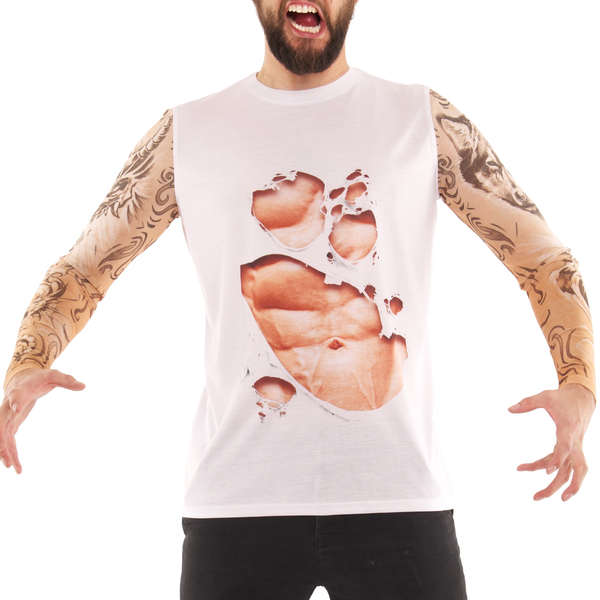 Men's Abs and Tattoos Tee Shirt with Tattoo Mesh Long Sleeves