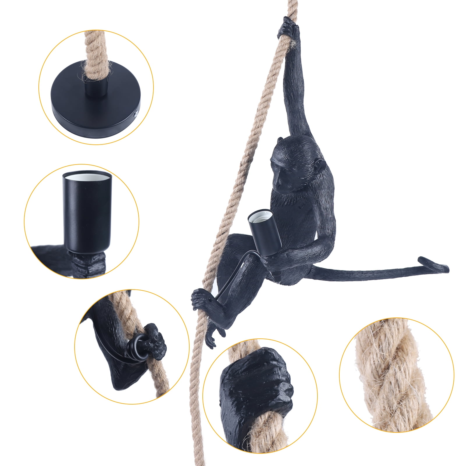 Miumaeov Vintage Resin Monkey Chandelier, Hemp Rope Monkey Pendant Light (Black)