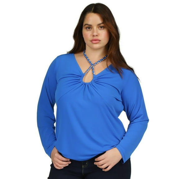Michael Kors Plus Size Chain-Neck Long-Sleeve Top – Grecian Blue, 3X
