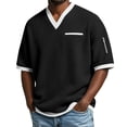 thumbnail image 2 of Ceisia Men's Casual Fashion Waffle Knit Short Sleeve Shirt - V-neck Color Block Top with Sleeve Zipper Pocket Black M Gifts, 2 of 6