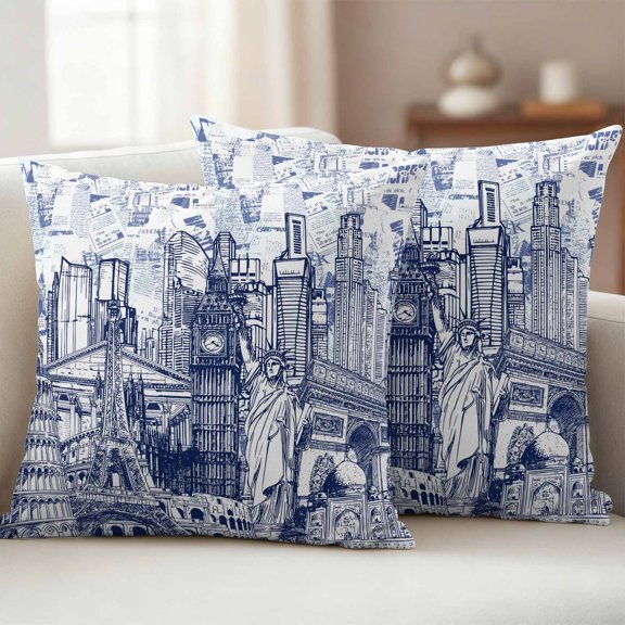 Modern Country Outdoor Waterproof Throw Pillow Covers 16x16 Set of 2, Abstract Global Landmarks Blue Decorative Pillowcases Cushion Pillowcase for Couch Sofa Patio Outside Pillow Protector