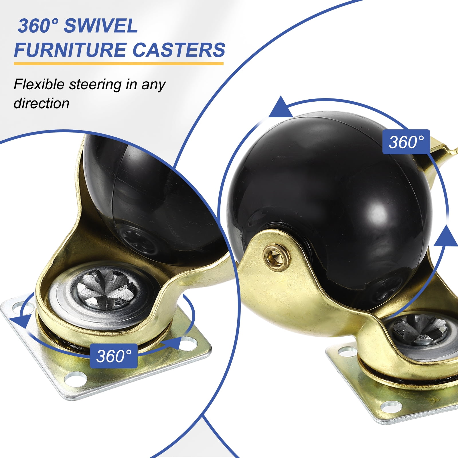 2 Inch Ball Caster Wheels, Swivel Furniture Casters with Brake/ Plate Mount/Screw/Screwdriver, Gold 4 Pcs