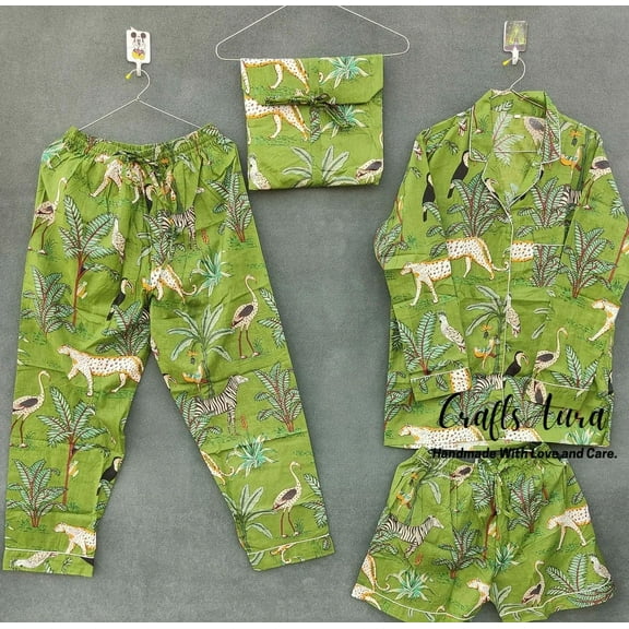 Indian Cotton Pajama Set, Indian Handmade Women Night Dress, Green Jungle Color, Cotton Pj Set, Pajama And Shirt And Short With Bag