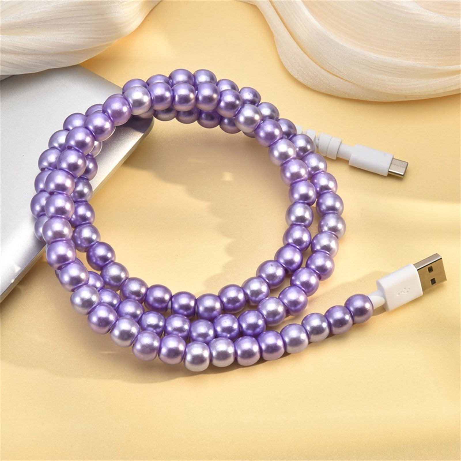 Virelaxpo Colorful Handmade Pearl Beaded Type-C USB Data Cable 1-Meter Length for Fast Charging and Data Transmission