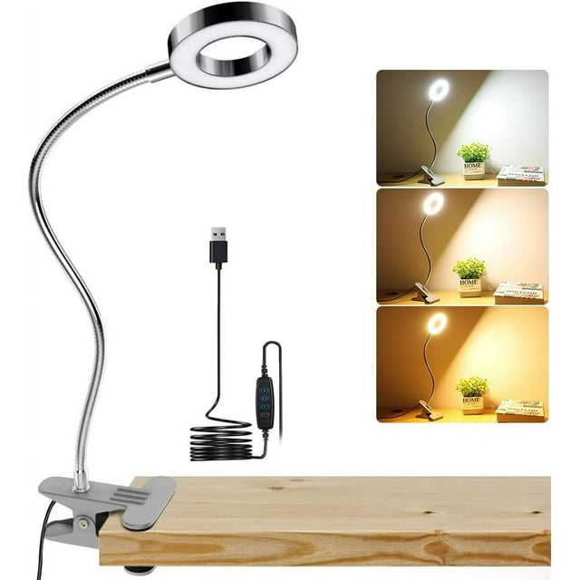 Lámpara de escritorio con clip USB, 48 LED flexibles de 360°, 3 colores y 10 niveles de brillo regulables, 7 W, ideal para cama, escritorio, mesita de noche o lectura (plateada)
